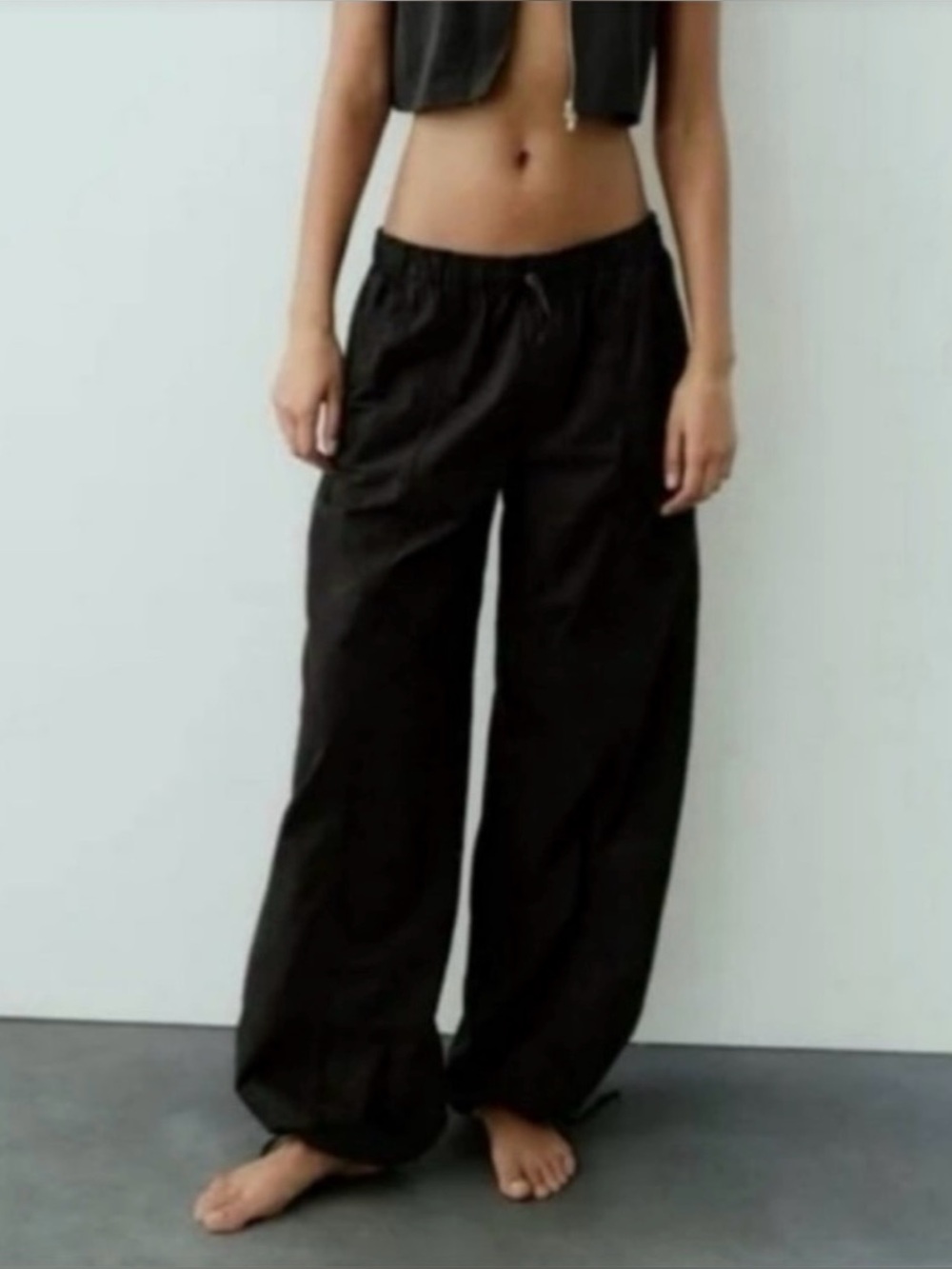 Zara Parachute Wide Leg Pull On Pants In Black Size M
